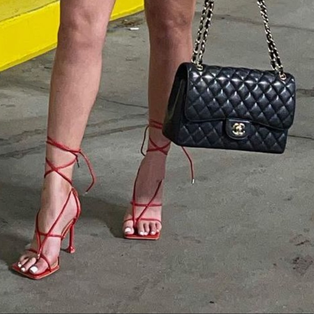 Red strapped square toe heels